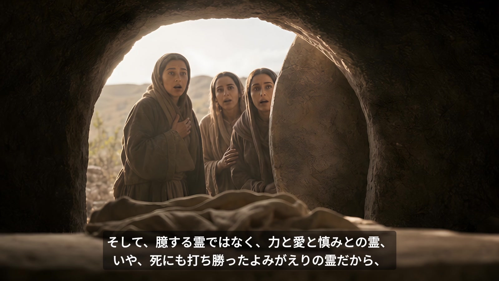 空になった墓を見つめる女性たちと、よみがえりの御霊を語る字幕
