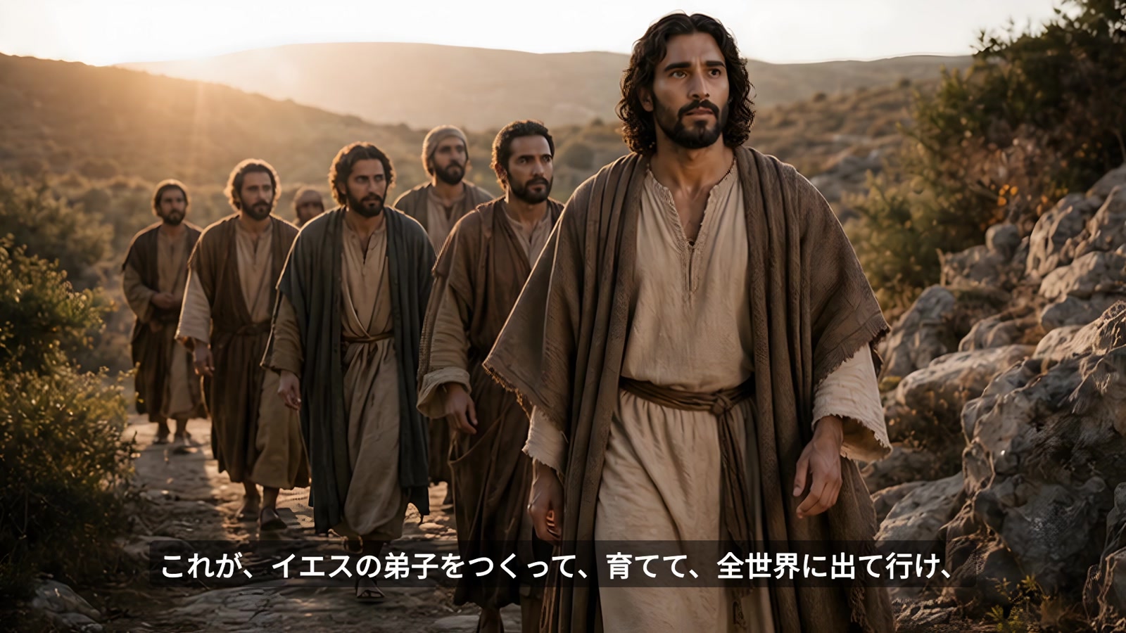 弟子たちを率いて歩くイエスと「全世界に出て行け」という字幕