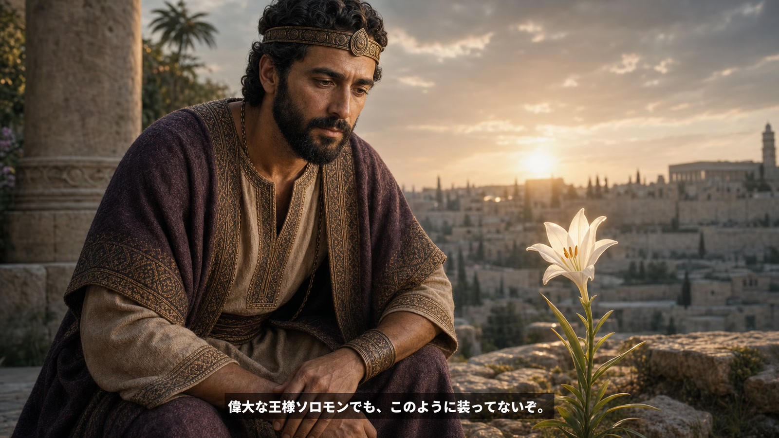 夕暮れの町を背景に白い花を見つめる男性を描いた挿絵