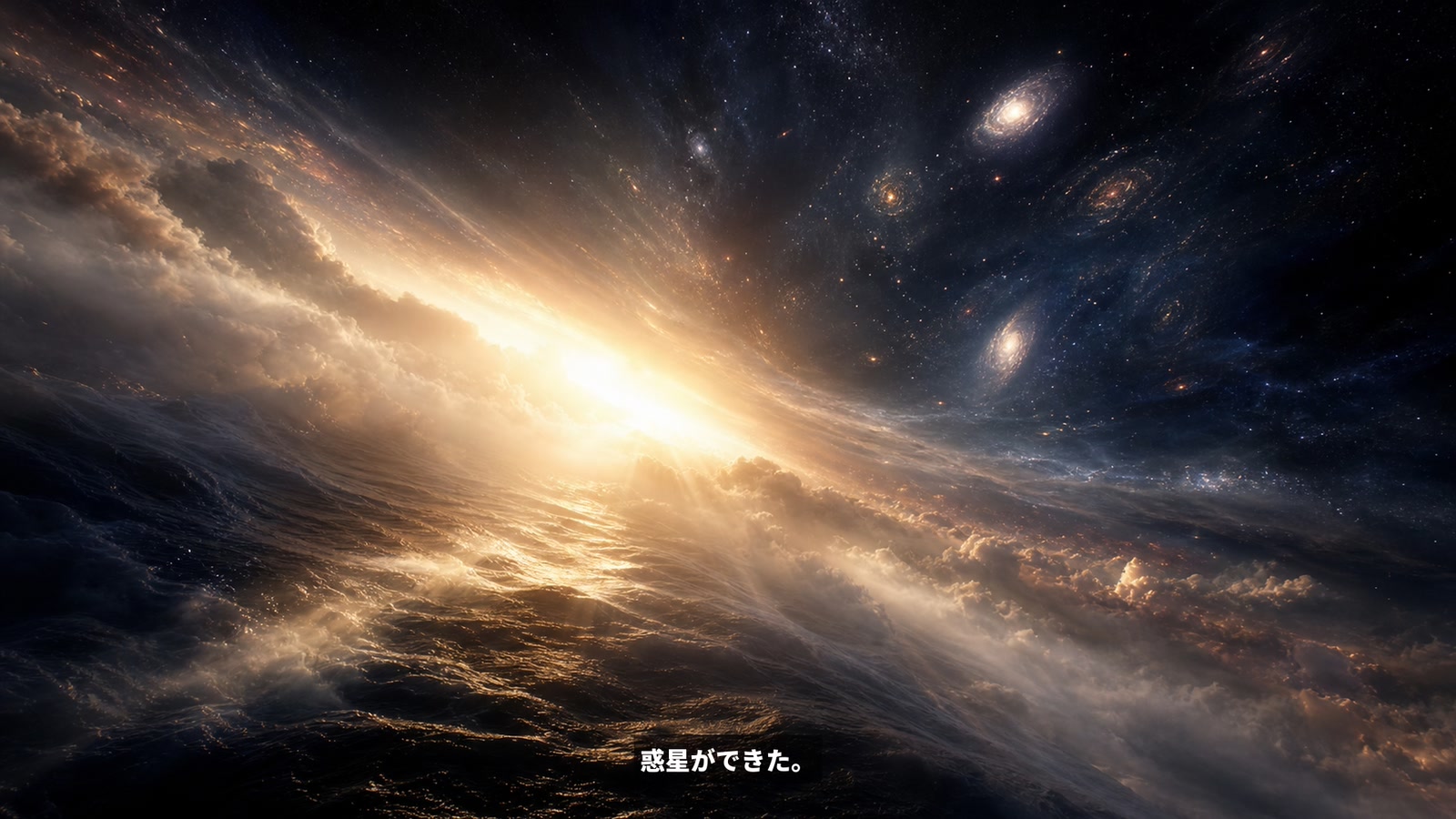 暗闇に光が広がり、宇宙と惑星が生まれる場面を描いた挿絵