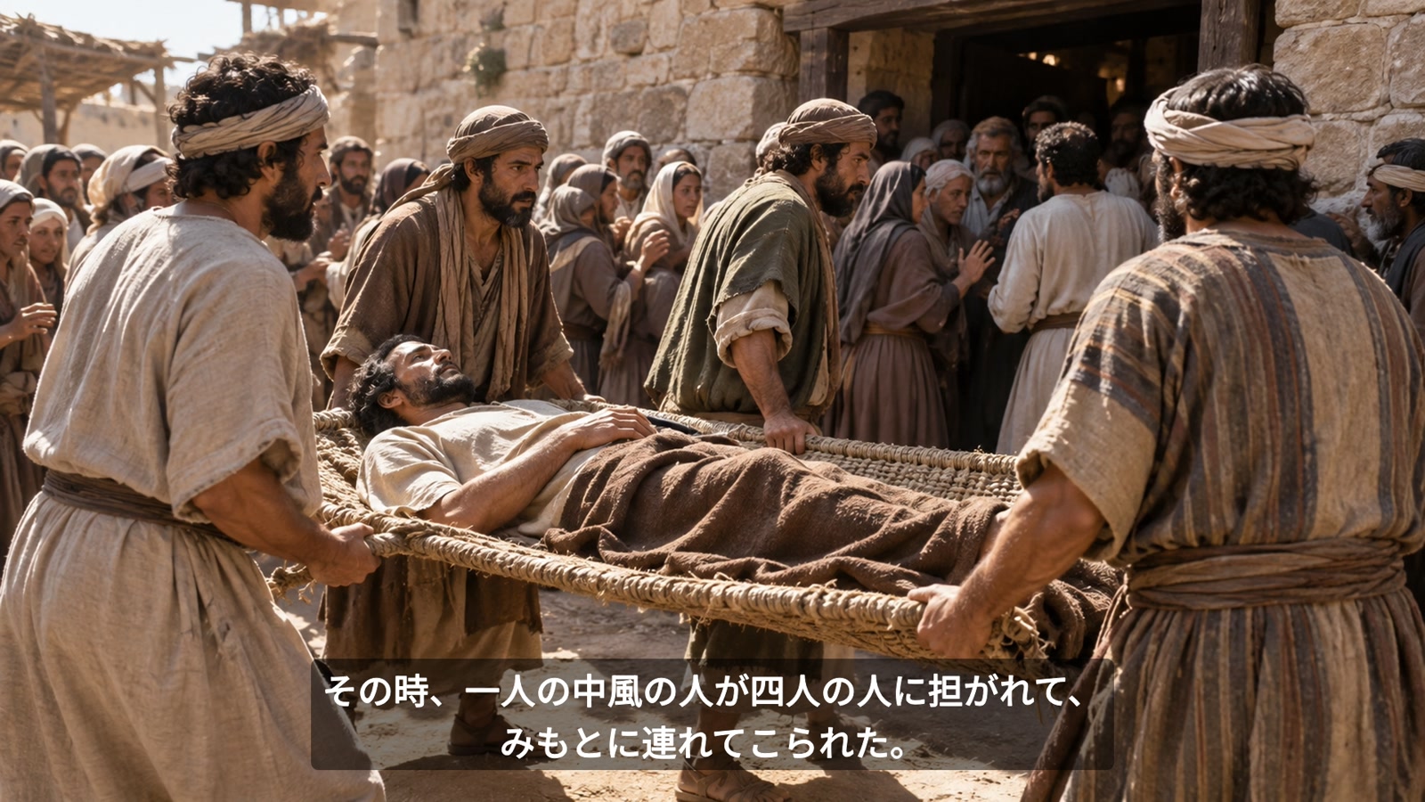 聖書場面：四人が中風人を担いで押し入る