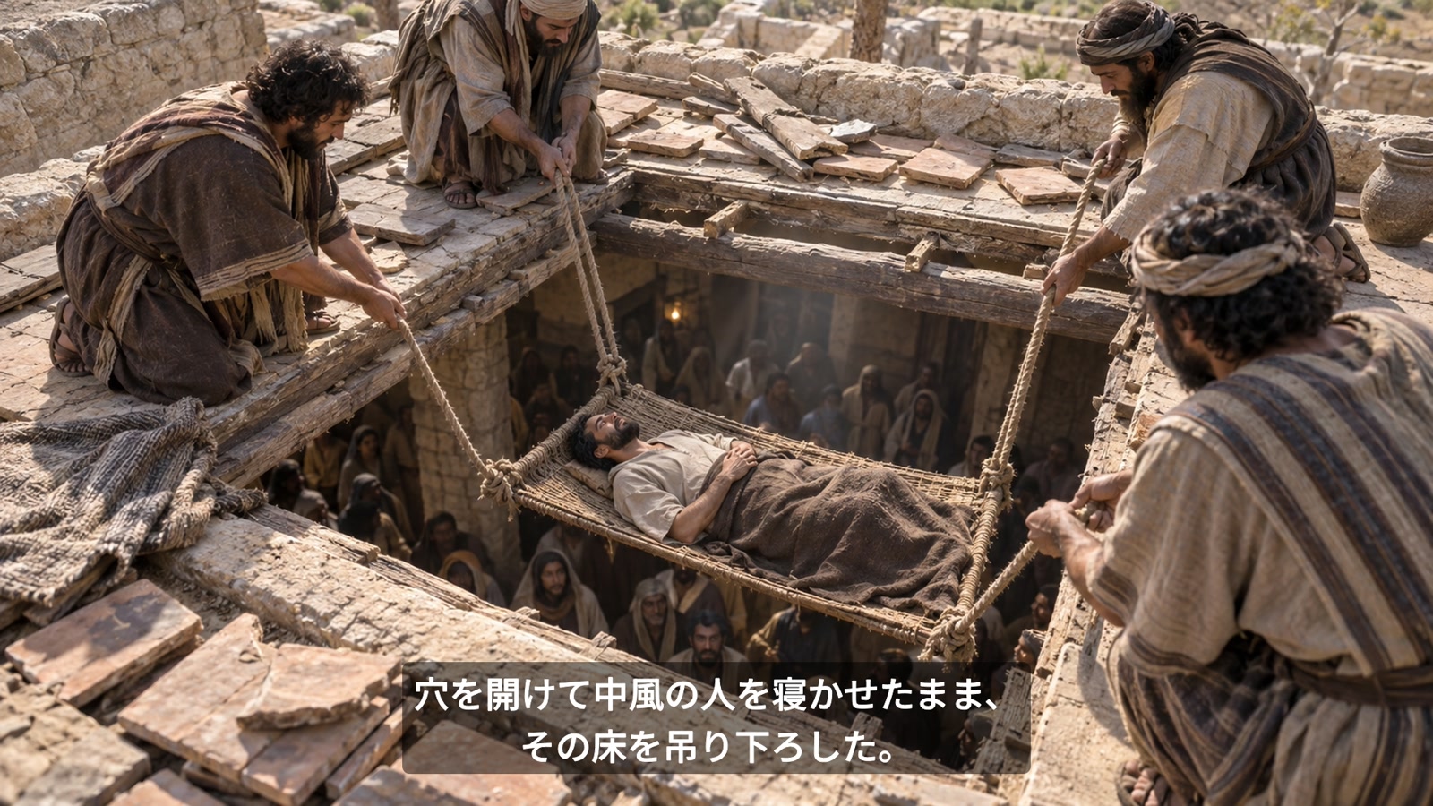 聖書場面：屋根の瓦を剥いで床を吊り下ろす