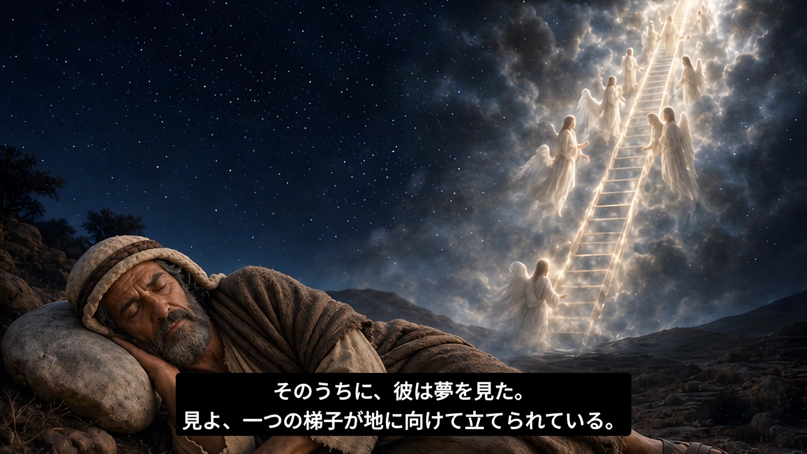 石を枕に眠るヤコブと天に続く梯子。映像中の聖書場面イメージ。