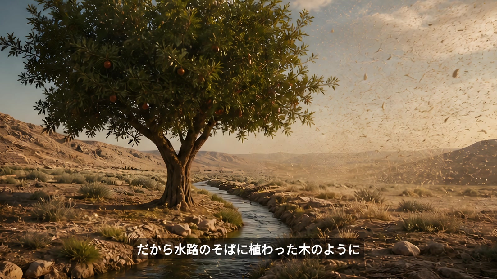 動画に挿入された、水路のそばに根を張る木