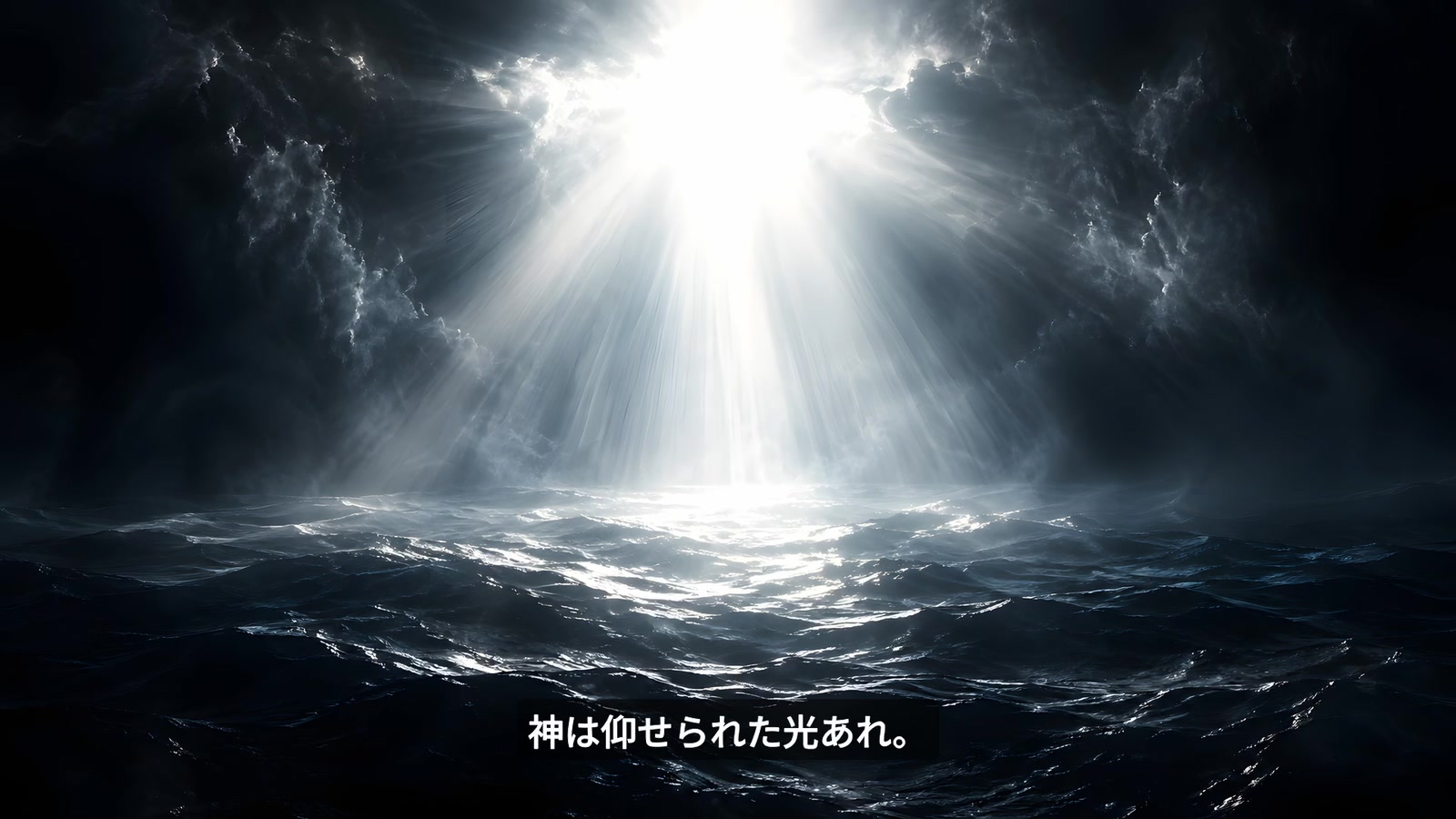 海と光を描いた、天地創造を語る映像中のイメージ。