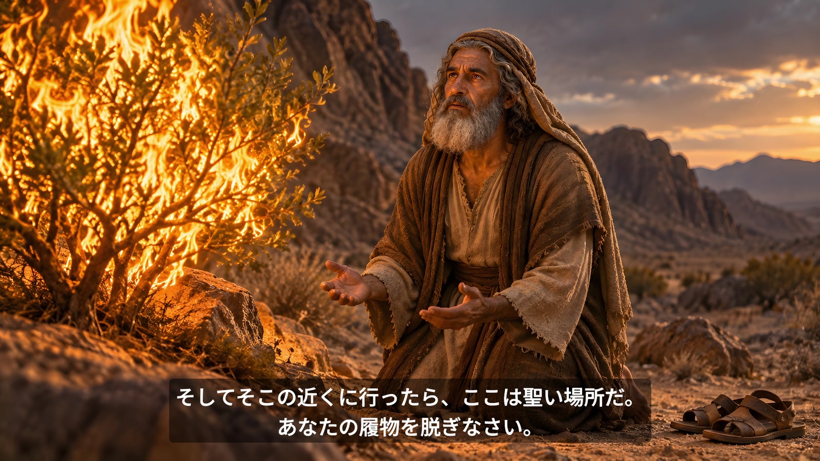 燃える柴の前に立つモーセを描いた映像中の聖書場面。