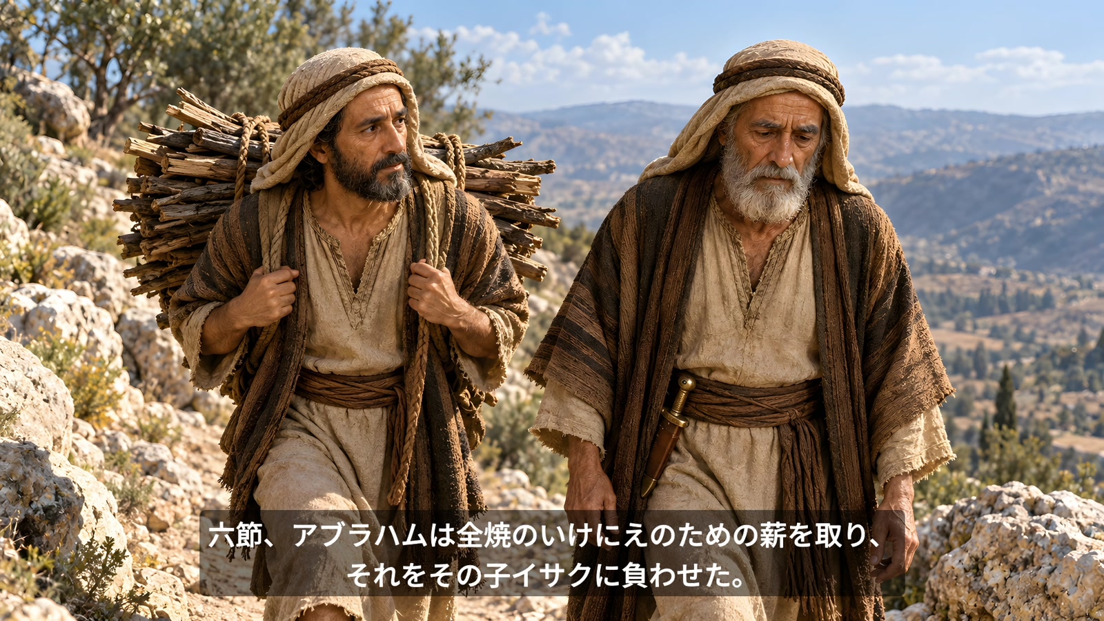 薪を背負うイサクと、その隣を歩くアブラハムを描いた映像中の聖書場面。