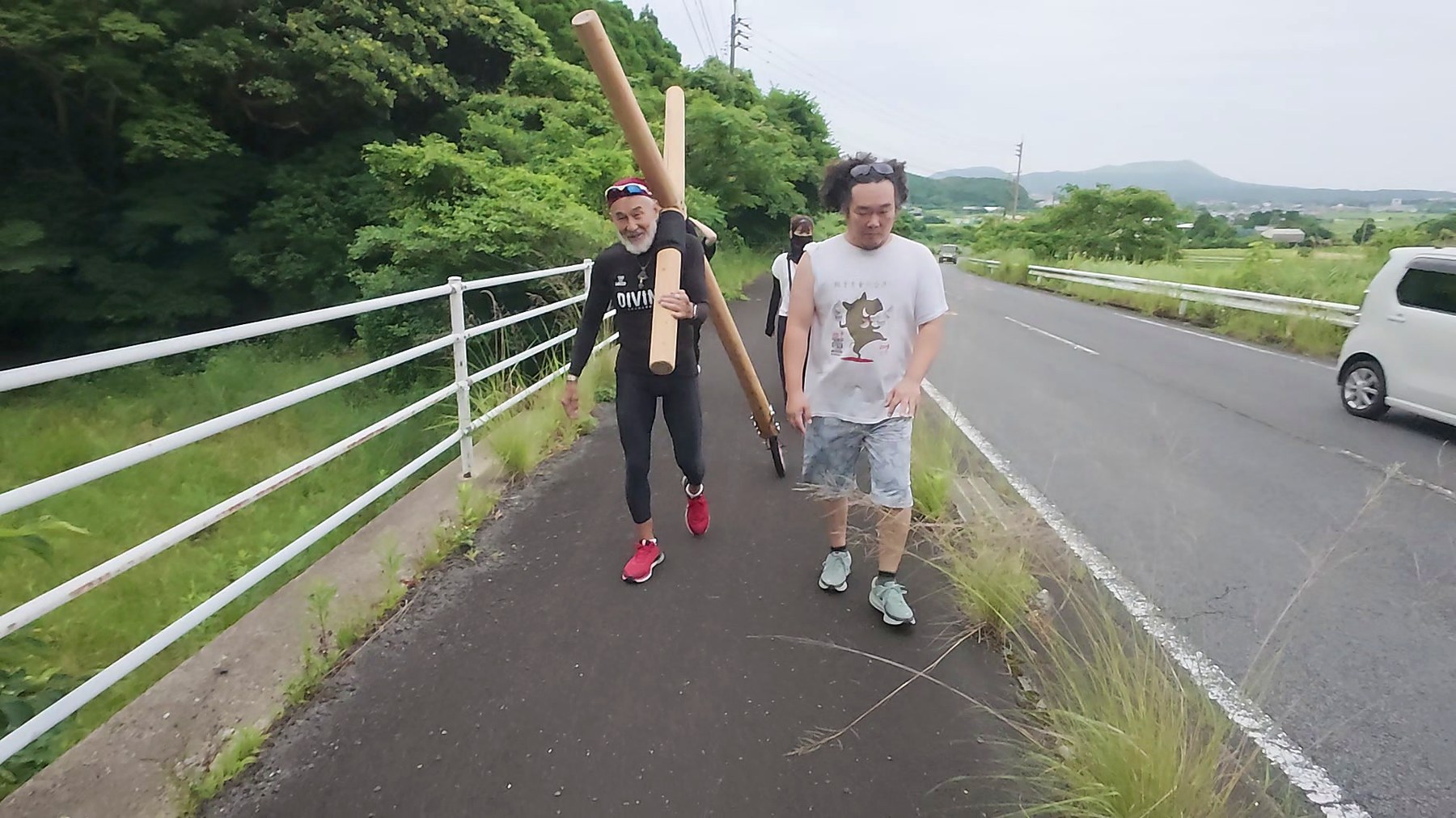 緑の山並みを背景に十字架を担いで384号線を歩く参加者たち